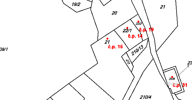 Pernštejnské Jestřabí 15 na parcele st. 21 v KÚ Pernštejnské Jestřabí, Katastrální mapa