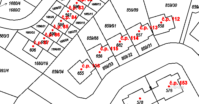 Dušníky 115, Obříství na parcele st. 656 v KÚ Obříství, Katastrální mapa