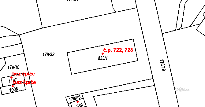 Slatiňany 722,723 na parcele st. 833/1 v KÚ Slatiňany, Katastrální mapa
