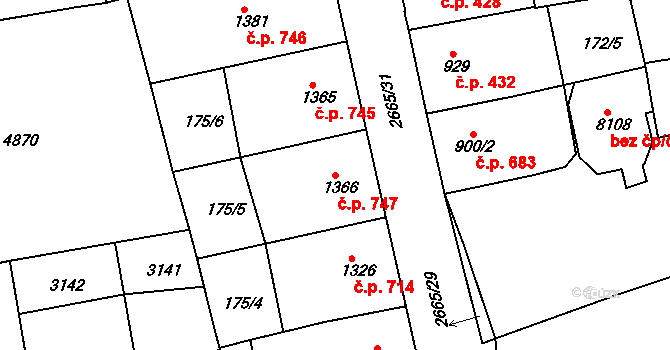 Zelené Předměstí 747, Pardubice na parcele st. 1366 v KÚ Pardubice, Katastrální mapa