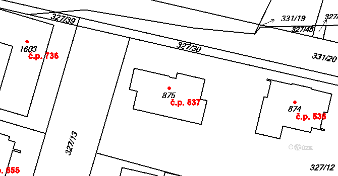 Rosice 537, Pardubice na parcele st. 875 v KÚ Rosice nad Labem, Katastrální mapa
