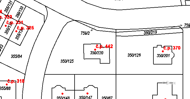 Červený Hrádek 442, Plzeň na parcele st. 350/220 v KÚ Červený Hrádek u Plzně, Katastrální mapa