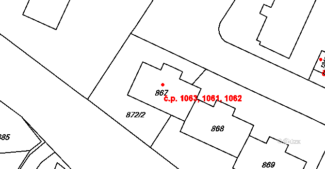 Kopřivnice 1061,1062,1063 na parcele st. 867 v KÚ Kopřivnice, Katastrální mapa
