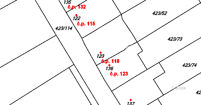 Břvany 118 na parcele st. 123 v KÚ Břvany, Katastrální mapa