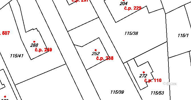 Dolní Radechová 238 na parcele st. 252 v KÚ Dolní Radechová, Katastrální mapa