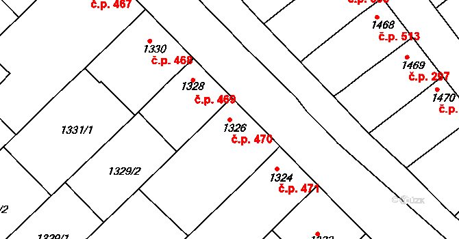 Hrušky 470 na parcele st. 1326 v KÚ Hrušky, Katastrální mapa