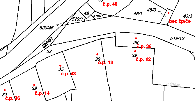 Chvalešovice 13, Dříteň na parcele st. 36 v KÚ Chvalešovice, Katastrální mapa