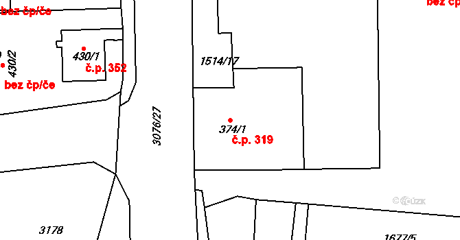 Toužim 319 na parcele st. 374/1 v KÚ Toužim, Katastrální mapa