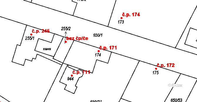 Líbeznice 171 na parcele st. 174 v KÚ Líbeznice, Katastrální mapa