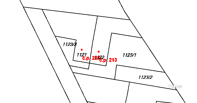 Omice 213 na parcele st. 1122 v KÚ Omice, Katastrální mapa