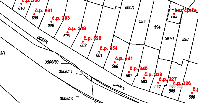 Vyškov-Předměstí 354, Vyškov na parcele st. 601 v KÚ Vyškov, Katastrální mapa