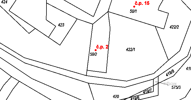 Mlýny 2, Bystřice na parcele st. 50/2 v KÚ Tvoršovice, Katastrální mapa