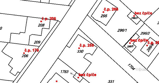 Jirny 258 na parcele st. 330 v KÚ Jirny, Katastrální mapa