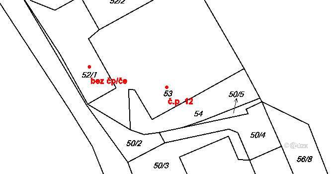 Chotíkov 12, Kynšperk nad Ohří na parcele st. 53 v KÚ Chotíkov u Kynšperka nad Ohří, Katastrální mapa