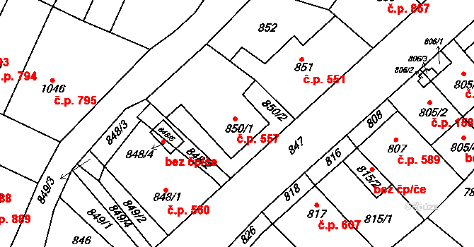 Tachov 557 na parcele st. 850/1 v KÚ Tachov, Katastrální mapa