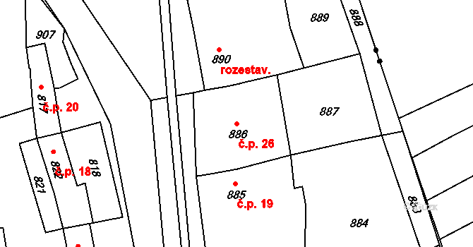 Skržice 26, Soběsuky na parcele st. 886 v KÚ Skržice, Katastrální mapa