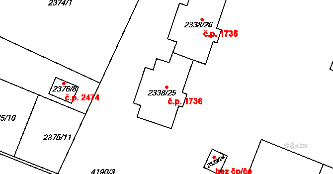 Roudnice nad Labem 1736 na parcele st. 2338/25 v KÚ Roudnice nad Labem, Katastrální mapa