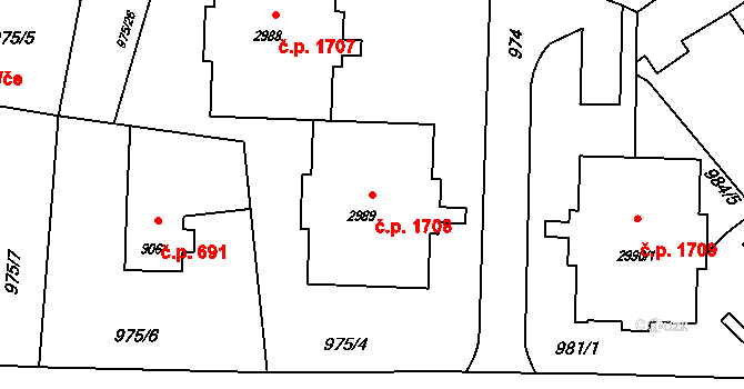 Rožnov pod Radhoštěm 1708 na parcele st. 2989 v KÚ Rožnov pod Radhoštěm, Katastrální mapa