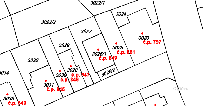 Černá Pole 849, Brno na parcele st. 3026/1 v KÚ Černá Pole, Katastrální mapa