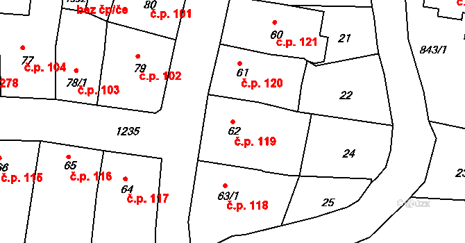 Benešov nad Ploučnicí 119 na parcele st. 62 v KÚ Benešov nad Ploučnicí, Katastrální mapa