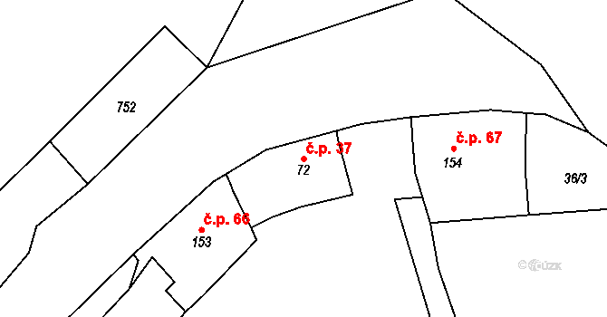 Velvěty 37, Rtyně nad Bílinou na parcele st. 72 v KÚ Velvěty, Katastrální mapa