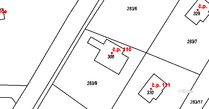 Velký Vřešťov 110 na parcele st. 308 v KÚ Velký Vřešťov, Katastrální mapa