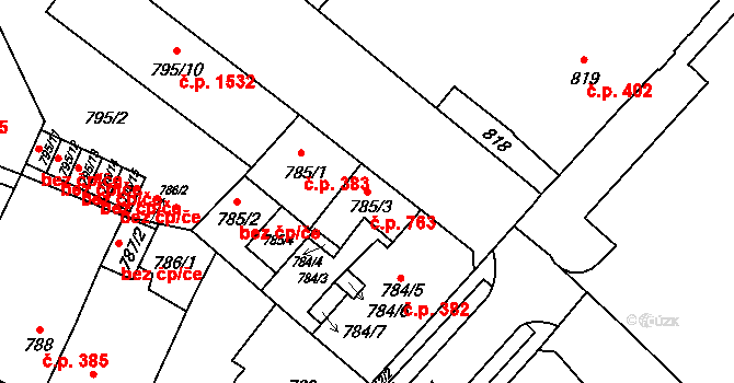 Místek 763, Frýdek-Místek na parcele st. 785/3 v KÚ Místek, Katastrální mapa
