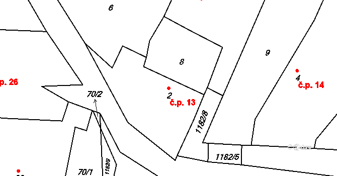 Loužná 13, Myslív na parcele st. 2 v KÚ Loužná, Katastrální mapa