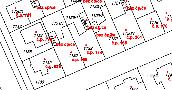 Černice 174, Plzeň na parcele st. 1128 v KÚ Bručná, Katastrální mapa