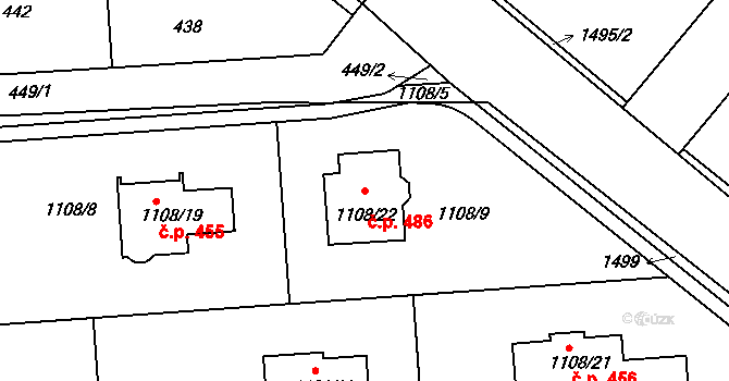Hřebeč 486 na parcele st. 1108/22 v KÚ Hřebeč, Katastrální mapa