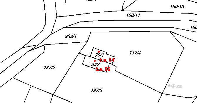 Teplička 54 na parcele st. 70/1 v KÚ Teplička, Katastrální mapa