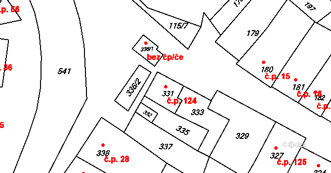 Milešovice 124 na parcele st. 331 v KÚ Milešovice, Katastrální mapa