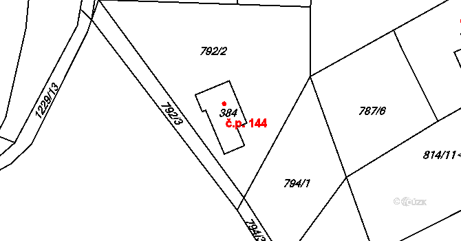 Podkopná Lhota 144 na parcele st. 384 v KÚ Podkopná Lhota, Katastrální mapa