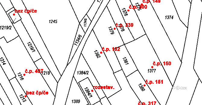 Buchlovice 152 na parcele st. 1382 v KÚ Buchlovice, Katastrální mapa