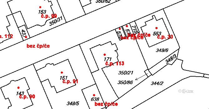 Kvíček 113, Slaný na parcele st. 171 v KÚ Kvíc, Katastrální mapa