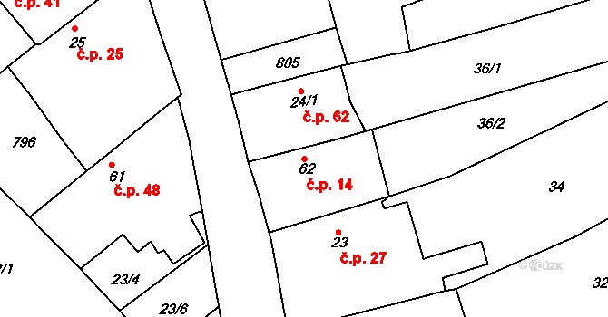 Mlékojedy 14, Neratovice na parcele st. 62 v KÚ Mlékojedy u Neratovic, Katastrální mapa