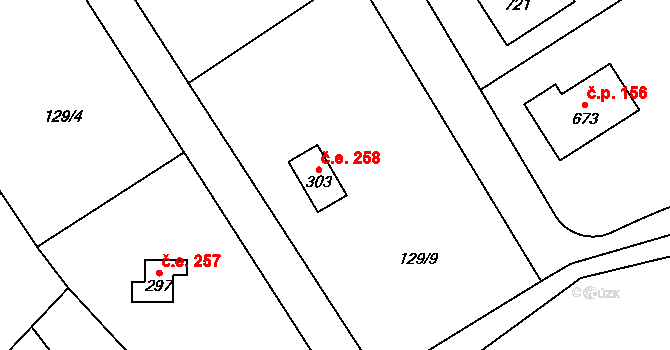 Černolice 258 na parcele st. 303 v KÚ Černolice, Katastrální mapa