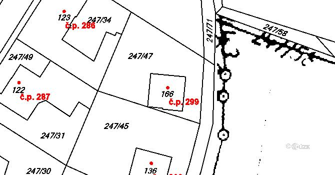 Tuchoměřice 299 na parcele st. 166 v KÚ Kněžívka, Katastrální mapa