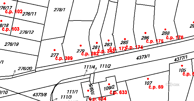 Veselí nad Lužnicí I 343, Veselí nad Lužnicí na parcele st. 281 v KÚ Veselí nad Lužnicí, Katastrální mapa