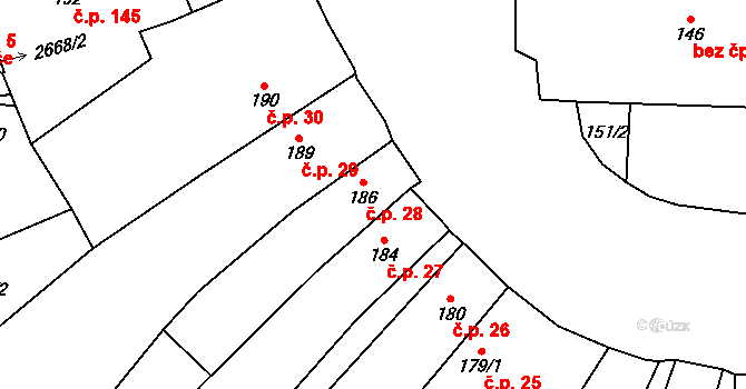 Klenčí pod Čerchovem 28 na parcele st. 186 v KÚ Klenčí pod Čerchovem, Katastrální mapa