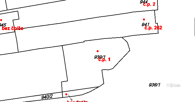 Hlohovec 1 na parcele st. 939/1 v KÚ Hlohovec, Katastrální mapa