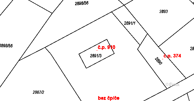 Buchlovice 910 na parcele st. 2891/3 v KÚ Buchlovice, Katastrální mapa