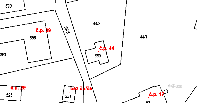 Pohoří 44 na parcele st. 665 v KÚ Pohoří u Prahy, Katastrální mapa