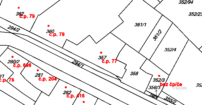 Hrušovany u Brna 77 na parcele st. 357 v KÚ Hrušovany u Brna, Katastrální mapa