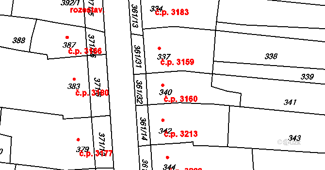 Boršov 3160, Kyjov na parcele st. 340 v KÚ Boršov u Kyjova, Katastrální mapa