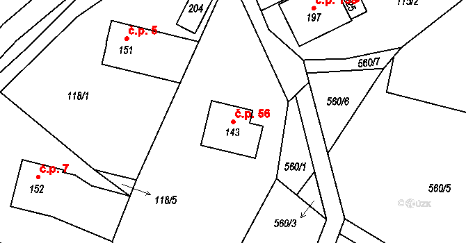 Dolní Štěpanice 56, Benecko na parcele st. 143 v KÚ Dolní Štěpanice, Katastrální mapa