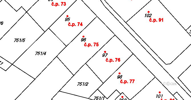 Bzová 76 na parcele st. 97 v KÚ Bzová u Hořovic, Katastrální mapa