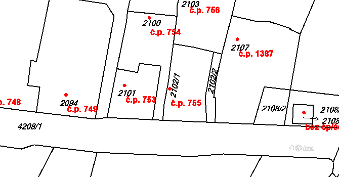 Roudnice nad Labem 755 na parcele st. 2102/1 v KÚ Roudnice nad Labem, Katastrální mapa