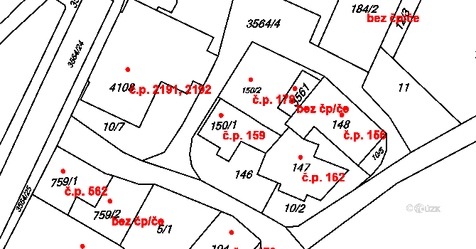 Rožnov pod Radhoštěm 159 na parcele st. 150/1 v KÚ Rožnov pod Radhoštěm, Katastrální mapa