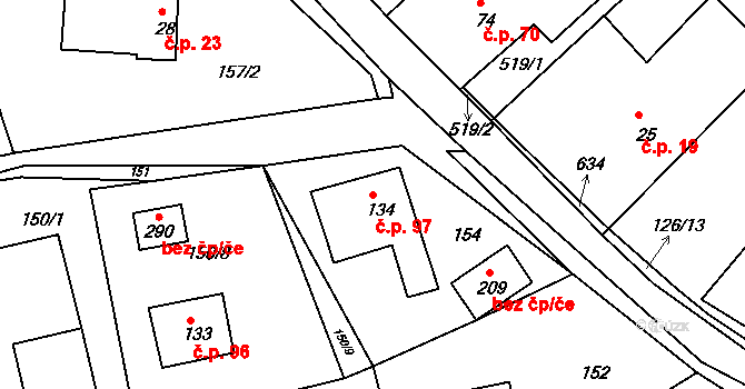 Valy 97 na parcele st. 134 v KÚ Valy u Mariánských Lázní, Katastrální mapa